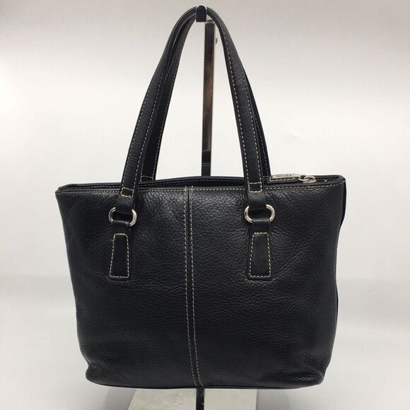 Vintage Fossil Black Leather Compact Satchel Bag with contrast cream stitching - Picture 3 of 16